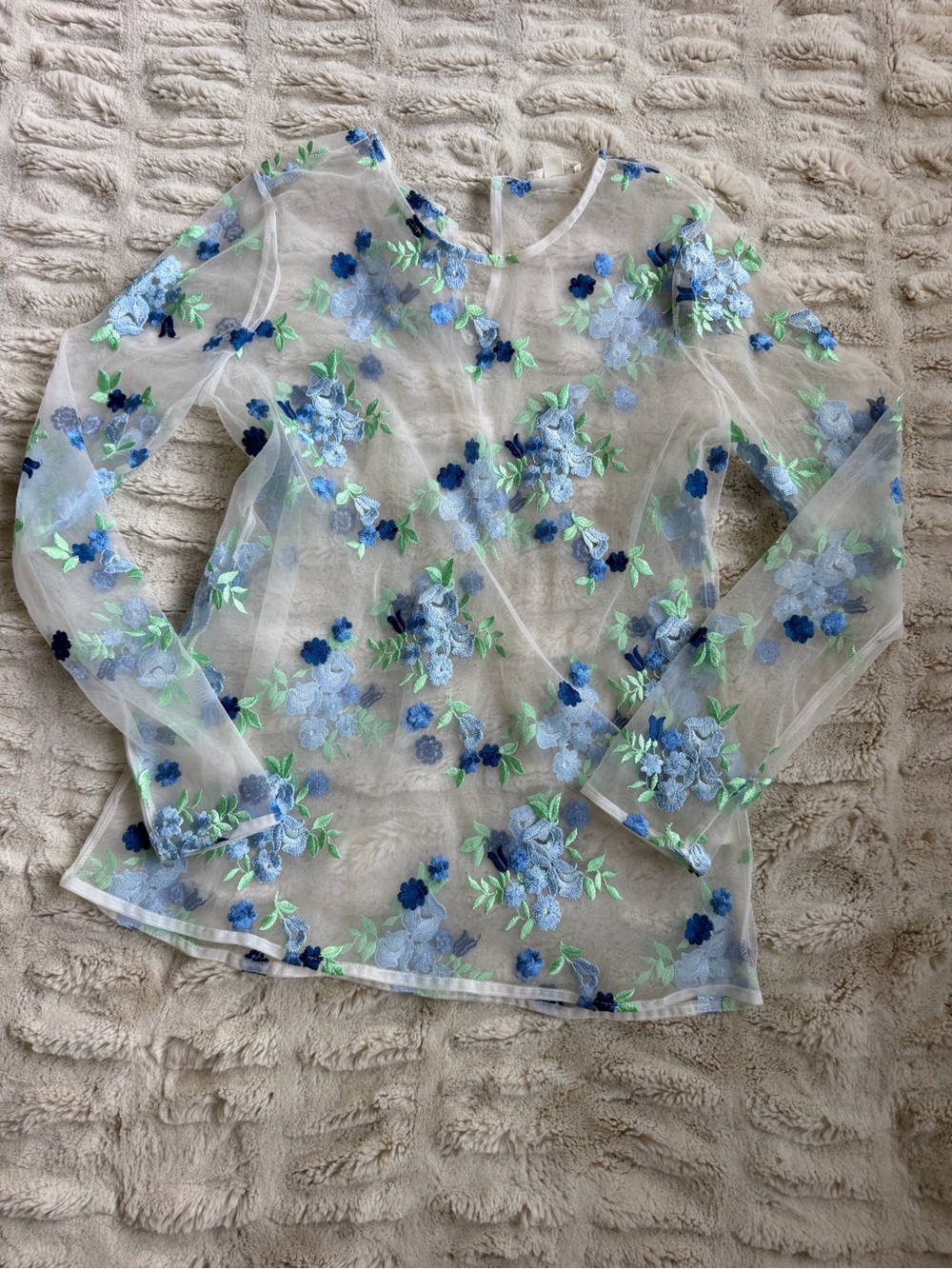 Ultra Pink Sheer Long-Sleeve Top with Blue Floral Embroidery